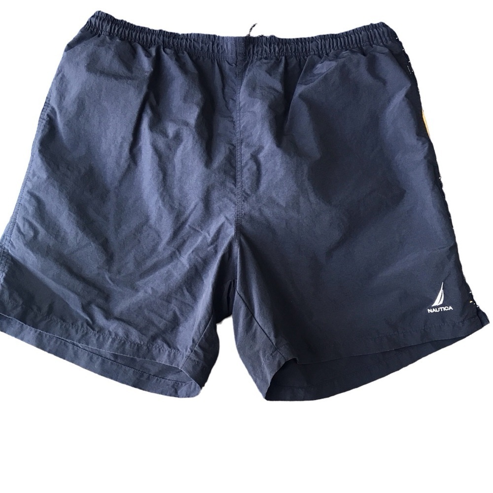 Nautica size L men’s swim trunks navy with yellow accents. Drawstring‎ cl…